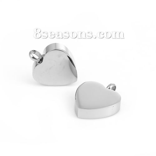 Picture of 1 Piece 304 Stainless Steel Cremation Ash Urn Blank Stamping Tags Charms Heart Silver Tone Double-sided Polishing 25mm x 20mm