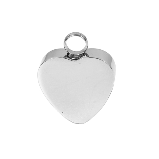 Picture of 1 Piece 304 Stainless Steel Cremation Ash Urn Blank Stamping Tags Charms Heart Silver Tone Double-sided Polishing 25mm x 20mm