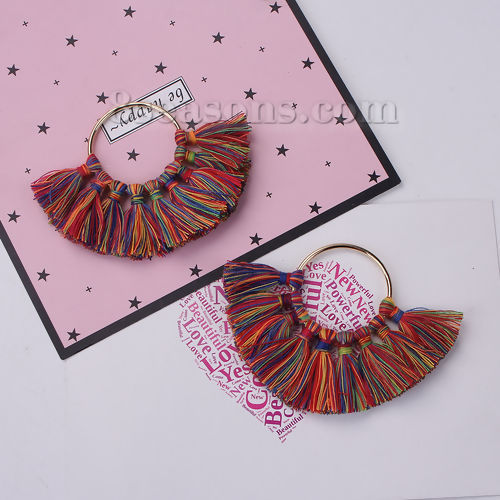 Image de Franges Pompons Glands en Coton Annulaire Doré Multicolore Env. 80mm x 57mm, 2 Pcs