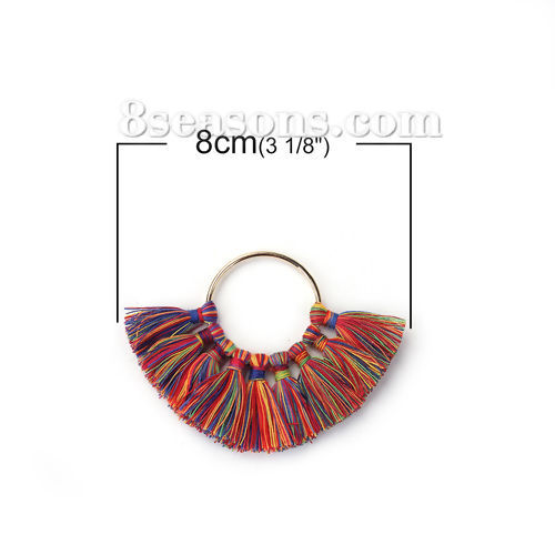 Image de Franges Pompons Glands en Coton Annulaire Doré Multicolore Env. 80mm x 57mm, 2 Pcs
