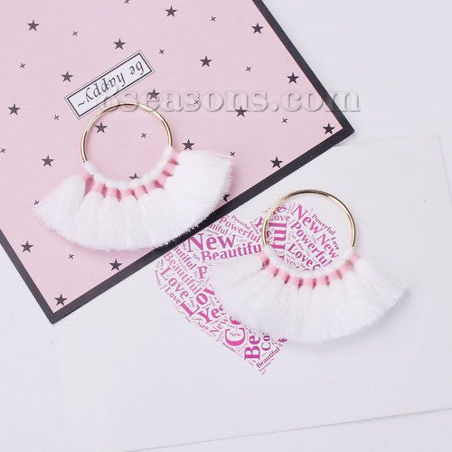 Picture of Cotton Tassel Circle Ring Gold Plated White About 80mm(3 1/8") x 57mm(2 2/8"), 2 PCs
