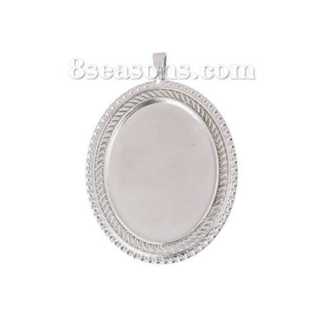 Zinklegierung Anhänger Oval Silberfarbe Cabochon Fassung (für 38mmx29mm ) 60mm x 42mm, 3 Stück