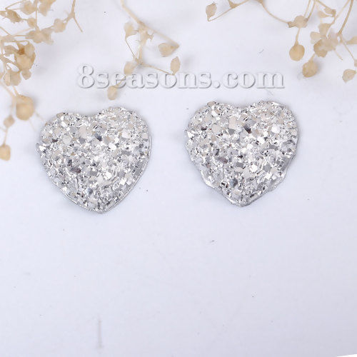 Picture of Resin Druzy/ Drusy Dome Seals Cabochon Heart Silver 13mm( 4/8") x 12mm( 4/8"), 50 PCs
