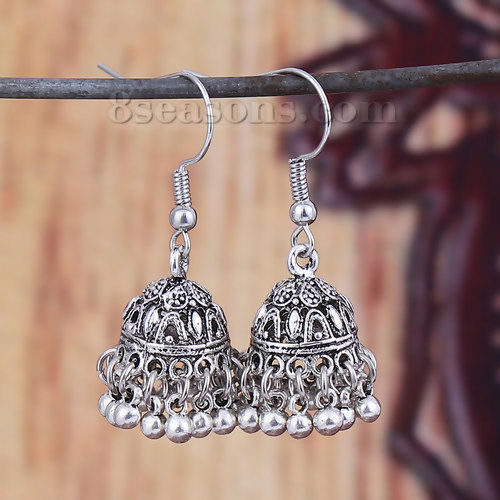 Picture of Jhumka Jhumki Earrings Antique Silver Color 40mm(1 5/8") x 12mm( 4/8"), Post/ Wire Size: (21 gauge), 1 Pair