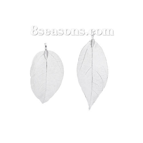 Изображение Латунь Подвески Лист Посеребренный Ажурный Цветок С Узором 60мм x 30мм - 71мм x 36мм, 2 ШТ