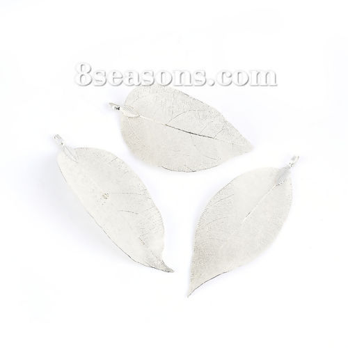 Изображение Латунь Подвески Лист Посеребренный Ажурный Цветок С Узором 60мм x 30мм - 71мм x 36мм, 2 ШТ