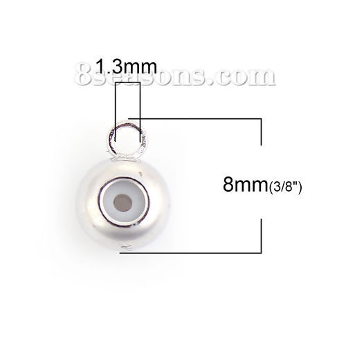 Picture of Brass Slider Clasp Beads Round Silver Tone With Adjustable Silicone Core W/ Loop 8mm( 3/8") x 6mm( 2/8"), Hole: 1.3mm, 10 PCs