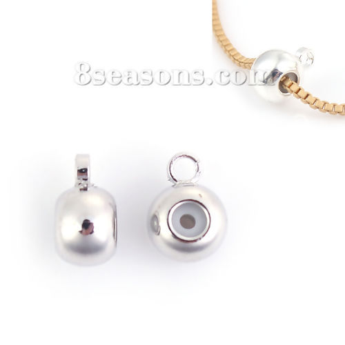 Picture of Brass Slider Clasp Beads Round Silver Plated With Adjustable Silicone Core W/ Loop 8mm( 3/8") x 6mm( 2/8"), Hole: 1.3mm, 10 PCs                                                                                                                               