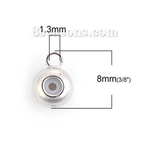 Picture of Brass Slider Clasp Beads Round Silver Plated With Adjustable Silicone Core W/ Loop 8mm( 3/8") x 6mm( 2/8"), Hole: 1.3mm, 10 PCs