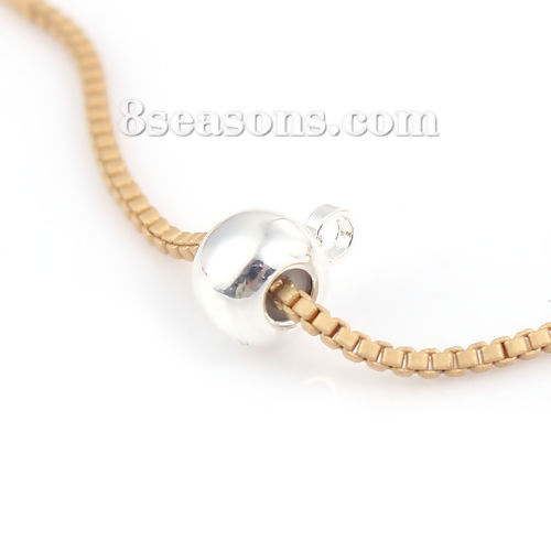 Picture of Brass Slider Clasp Beads Round Silver Plated With Adjustable Silicone Core W/ Loop 8mm( 3/8") x 6mm( 2/8"), Hole: 1.3mm, 10 PCs