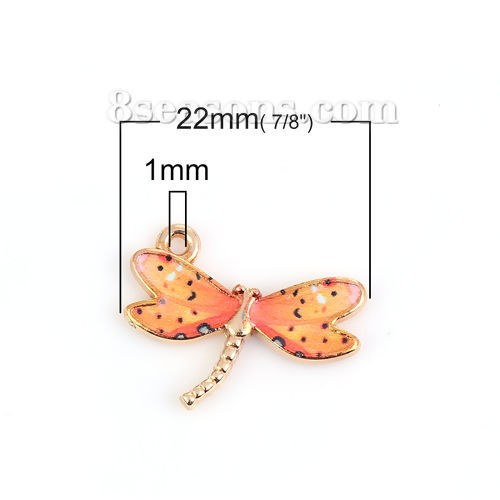 Bild von Zinklegierung Charms Anhänger Libellen Vergoldet Orange Emaille 22mm x 17mm, 10 Stück