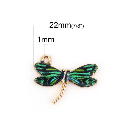 Picture of Zinc Based Alloy Charms Dragonfly Animal Gold Plated Dark Green Enamel 22mm( 7/8") x 17mm( 5/8"), 10 PCs