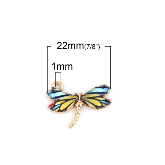 Image de Breloques en Alliage de Zinc Libellule Email Doré Multicolore 22mm x 17mm, 10 Pcs