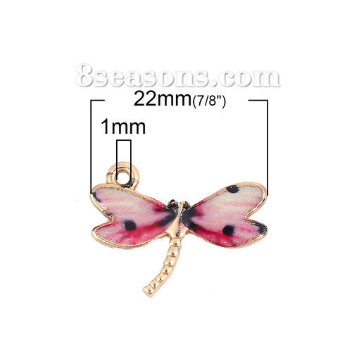 Picture of Zinc Based Alloy Charms Dragonfly Animal Gold Plated Fuchsia Enamel 22mm( 7/8") x 17mm( 5/8"), 10 PCs