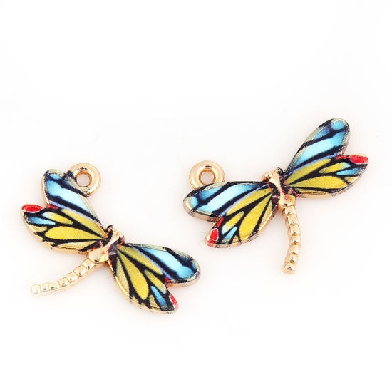 Picture of Zinc Based Alloy Charms Dragonfly Animal Gold Plated Fuchsia Enamel 22mm( 7/8") x 17mm( 5/8"), 10 PCs