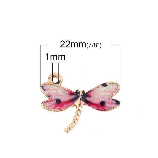 Bild von Zinklegierung Charms Anhänger Libellen Vergoldet Fuchsie Emaille 22mm x 17mm, 10 Stück