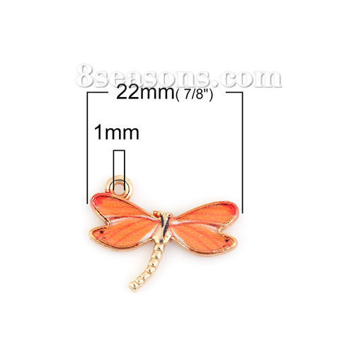 Image de Breloques en Alliage de Zinc Libellule Email Doré Orange 22mm x 17mm, 10 Pcs