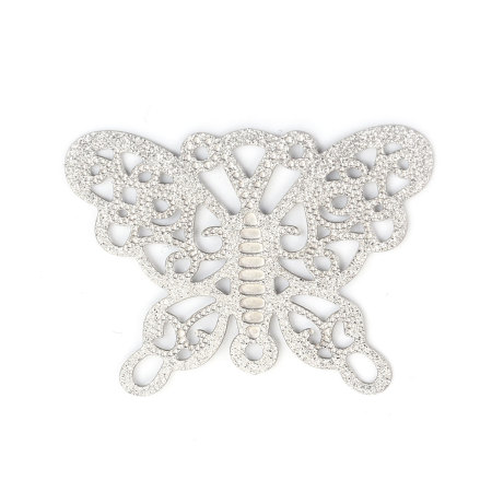 Picture of 304 Stainless Steel Pendants Butterfly Animal Silver Tone Filigree Glitter 36mm(1 3/8") x 28mm(1 1/8"), 5 PCs