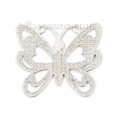304 Stainless Steel Embellishments Butterfly Animal Silver Tone Filigree 30mm(1 1/8") x 29mm(1 1/8"), 5 PCs