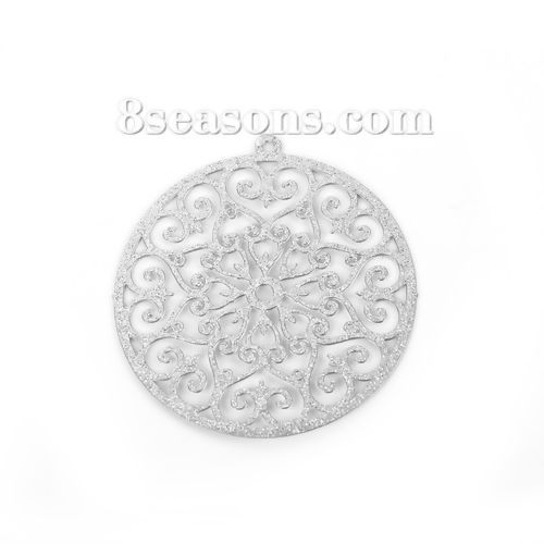 Immagine di 304 Acciaio Inossidabile Ciondoli Tondo Tono Argento Filigrana Brillio 38mm x 35mm, 5 Pz