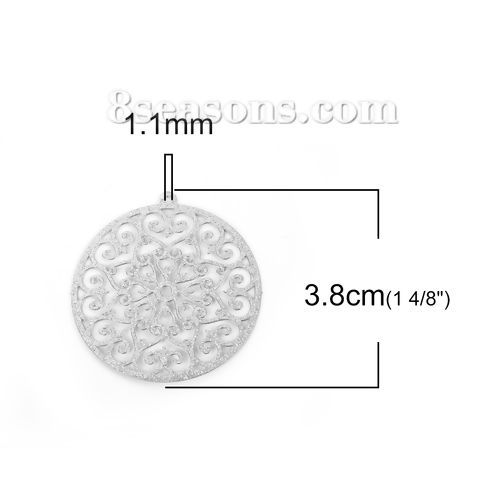 Immagine di 304 Acciaio Inossidabile Ciondoli Tondo Tono Argento Filigrana Brillio 38mm x 35mm, 5 Pz