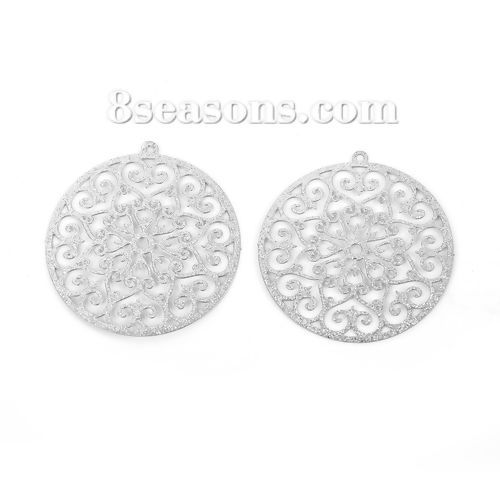 Immagine di 304 Acciaio Inossidabile Ciondoli Tondo Tono Argento Filigrana Brillio 38mm x 35mm, 5 Pz