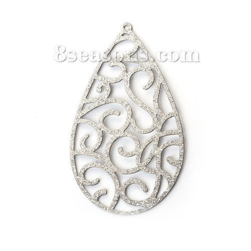 Immagine di 304 Acciaio Inossidabile Ciondoli Goccia Tono Argento Filigrana Brillio 43mm x 24mm, 5 Pz