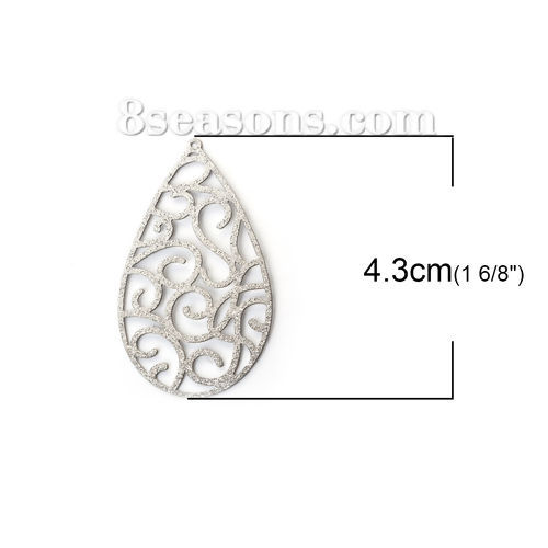 Immagine di 304 Acciaio Inossidabile Ciondoli Goccia Tono Argento Filigrana Brillio 43mm x 24mm, 5 Pz