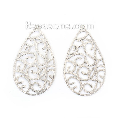 Immagine di 304 Acciaio Inossidabile Ciondoli Goccia Tono Argento Filigrana Brillio 43mm x 24mm, 5 Pz