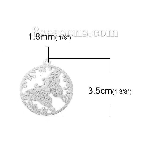 Immagine di 304 Acciaio Inossidabile Filigree Stamping Ciondoli Tondo Tono Argento Farfalla Brillio 35mm x 31mm, 5 Pz