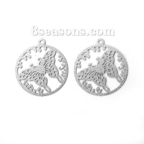 Immagine di 304 Acciaio Inossidabile Filigree Stamping Ciondoli Tondo Tono Argento Farfalla Brillio 35mm x 31mm, 5 Pz