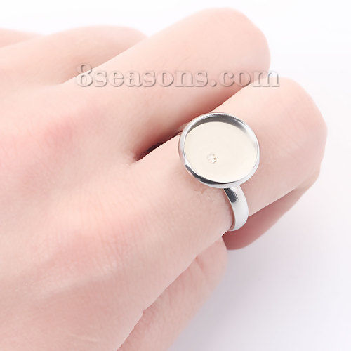 Bild von 304 Edelstahl Verstellbar Ring Rund Silberfarbe Cabochon Fassung (für 12mm D.) 17.5mm (US Größe 7), 1 Stück