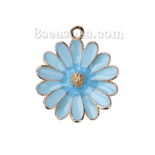 Picture of Zinc Based Alloy Charms Daisy Flower Gold Plated Blue Enamel 28mm(1 1/8") x 23mm( 7/8"), 5 PCs