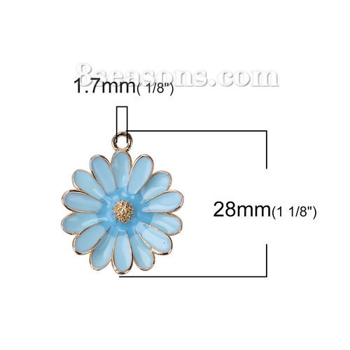 Picture of Zinc Based Alloy Charms Daisy Flower Gold Plated Blue Enamel 28mm(1 1/8") x 23mm( 7/8"), 5 PCs