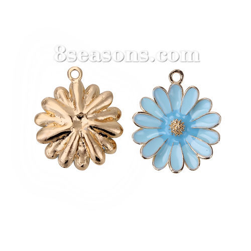 Picture of Zinc Based Alloy Charms Daisy Flower Gold Plated Blue Enamel 28mm(1 1/8") x 23mm( 7/8"), 5 PCs