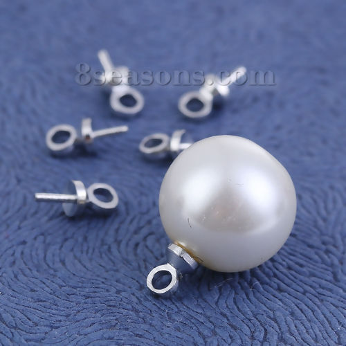 Picture of Brass Pearl Pendant Connector Bail Pin Cap Round Silver Tone 7mm( 2/8") x 4mm( 1/8"), Needle Thickness: 1mm, 100 PCs                                                                                                                                          