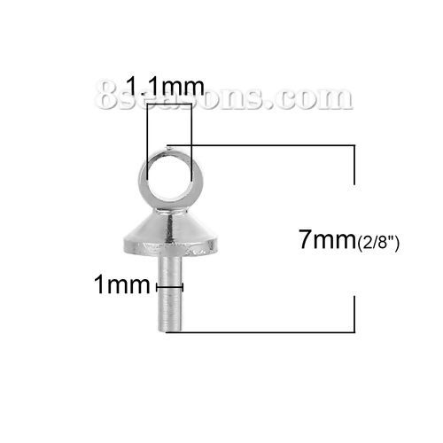 Picture of Brass Pearl Pendant Connector Bail Pin Cap Round Silver Tone 7mm( 2/8") x 4mm( 1/8"), Needle Thickness: 1mm, 100 PCs                                                                                                                                          