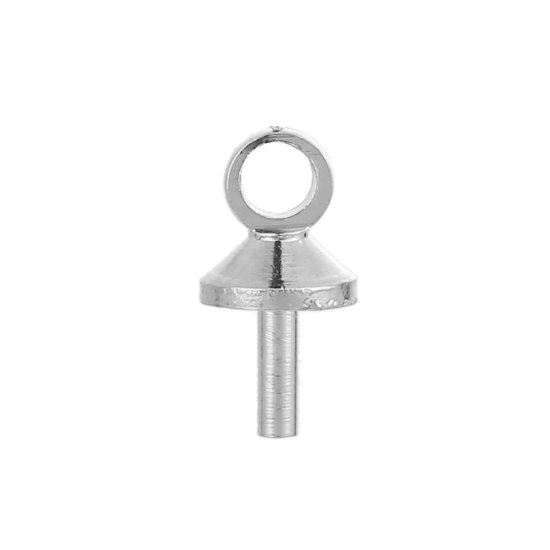 Picture of Brass Pearl Pendant Connector Bail Pin Cap Round Silver Tone 7mm( 2/8") x 4mm( 1/8"), Needle Thickness: 1mm, 100 PCs                                                                                                                                          