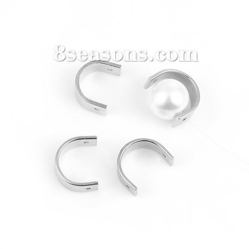 Picture of Brass Beads Frames C Shape Silver Tone (Fits 6mm Beads) 8mm( 3/8") x 6mm( 2/8"), 10 PCs                                                                                                                                                                       