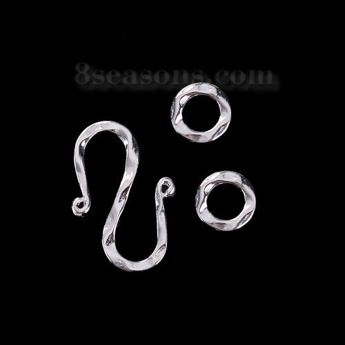 Picture of Zinc Based Alloy Toggle Clasps S-shape Silver Plated Circle Ring 26mm x17mm 10mm Dia., 20 Sets