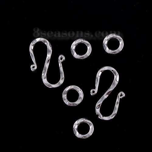 Picture of Zinc Based Alloy Toggle Clasps S-shape Silver Plated Circle Ring 26mm x17mm 10mm Dia., 20 Sets