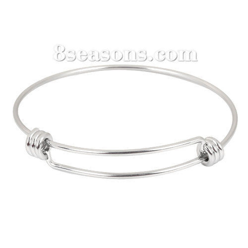 Picture of Stainless Steel Expandable Bangles Bracelets Double Bar Round Silver Tone 26cm(10 2/8") long, 2 PCs