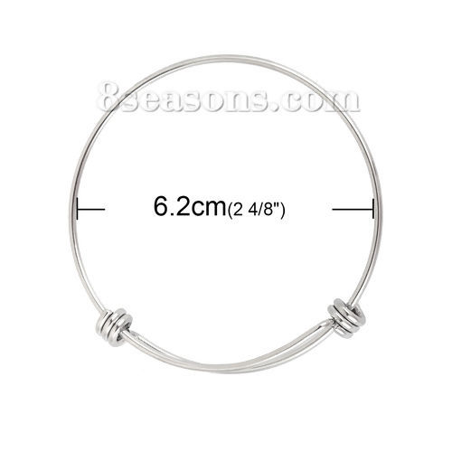 Picture of Stainless Steel Expandable Bangles Bracelets Double Bar Round Silver Tone 26cm(10 2/8") long, 2 PCs