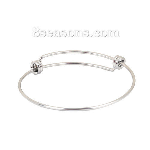 Picture of Stainless Steel Expandable Bangles Bracelets Double Bar Round Silver Tone 26cm(10 2/8") long, 2 PCs