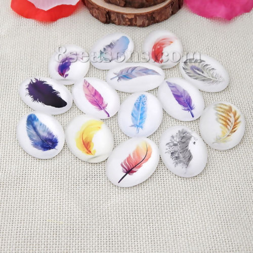 Picture of Glass Dome Seals Cabochon Oval Flatback At Random Feather 25mm(1") x 18mm( 6/8"), 10 PCs