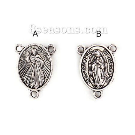 Image de 50 Pcs Connecteurs Pendentifs Breloques Religieux en Alliage de Zinc Argent Vieilli Ovale Sainte Vierge Marie Double Face 20mm x 15mm