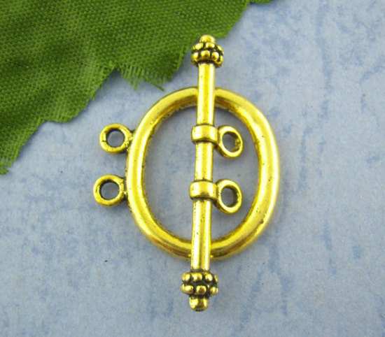 Picture of Zinc Based Alloy Toggle Clasps Oval Gold Tone Antique Gold 32mm x 7mm 21mm x 21mm, 20 Sets