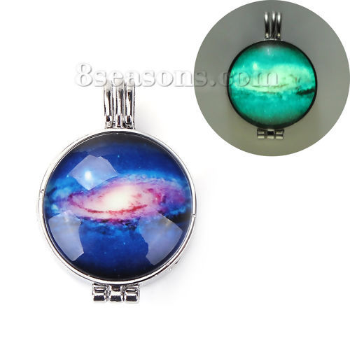 Picture of Zinc Based Alloy Glow In The Dark Aromatherapy Essential Oil Diffuser Locket Pendants Round Silver Tone Deep Blue Galaxy Universe Can Open (Fits 24mm Dia.) 39mm(1 4/8") x 27mm(1 1/8"), 1 Piece