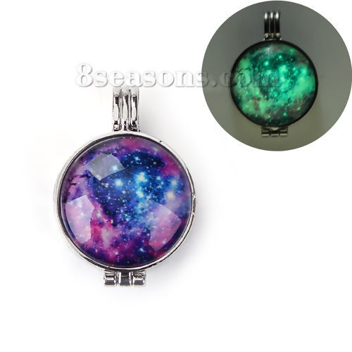 Picture of Zinc Based Alloy Glow In The Dark Aromatherapy Essential Oil Diffuser Locket Pendants Round Silver Tone Purple Galaxy Universe Can Open (Fits 24mm Dia.) 39mm(1 4/8") x 27mm(1 1/8"), 1 Piece