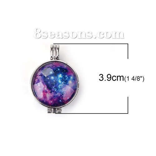 Picture of Zinc Based Alloy Glow In The Dark Aromatherapy Essential Oil Diffuser Locket Pendants Round Silver Tone Purple Galaxy Universe Can Open (Fits 24mm Dia.) 39mm(1 4/8") x 27mm(1 1/8"), 1 Piece